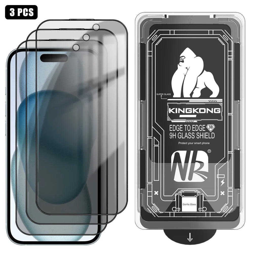 For iPhone 15 3Pcs Anti-Spy Full Screen Protector 3D Arc Edge High Aluminium-silicon Glass Film with Dust-Free Installation Tool - Black - 1