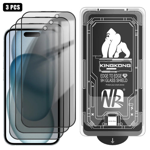 For iPhone 15 3Pcs Anti-Spy Full Screen Protector 3D Arc Edge High Aluminium-silicon Glass Film with Dust-Free Installation Tool - Black - 1