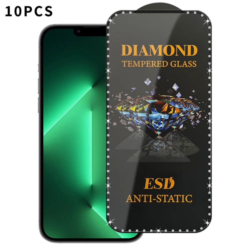 10Pcs For iPhone 14 Pro Max Tempered Glass Diamond Silk Printing Full Screen HD Anti-Static Screen Protector - Transparent - 1