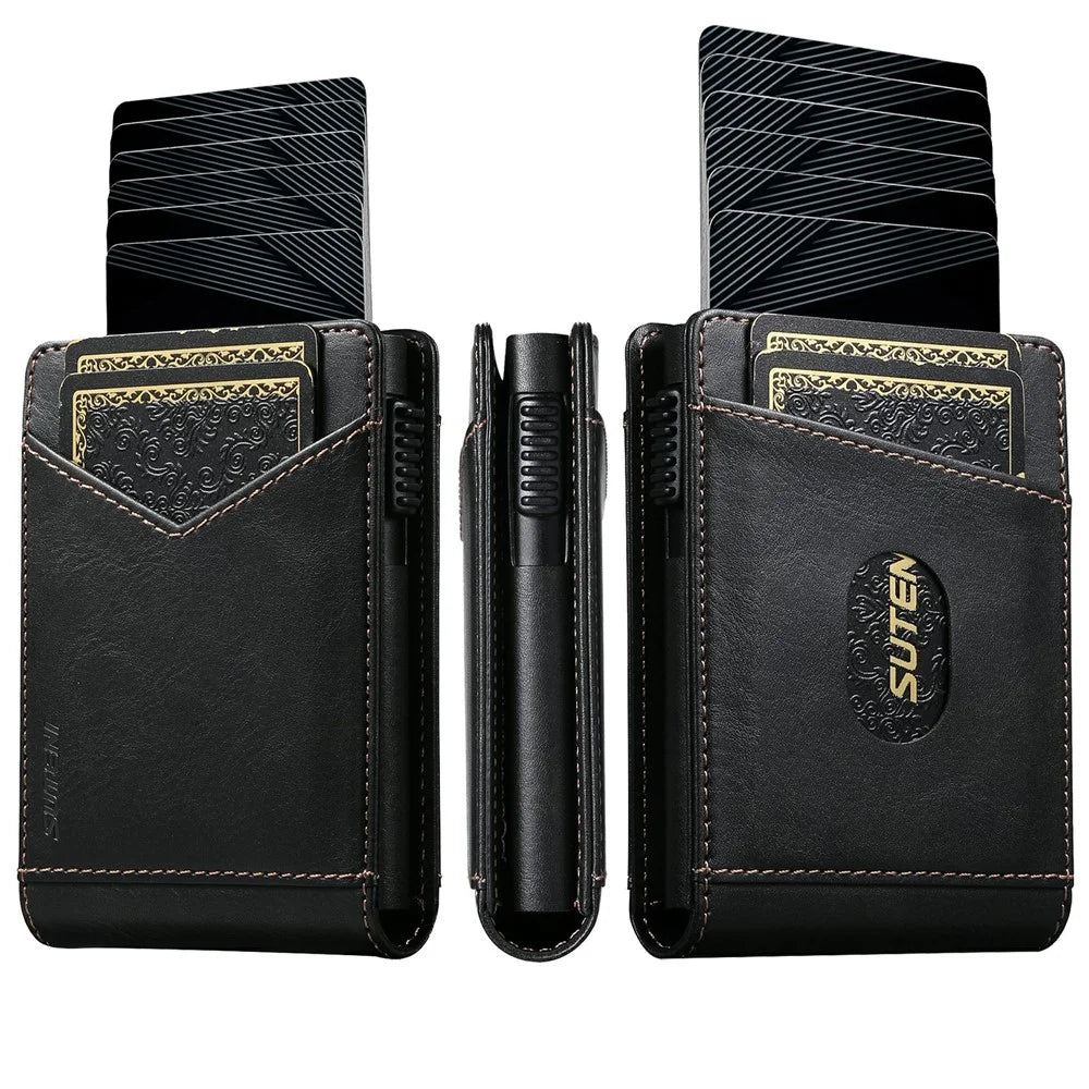 SUTENI KH8 Oil Wax Texture Leather Card Wallet Pop Up Card Holder RFID Blocking Card Case - Black - 1