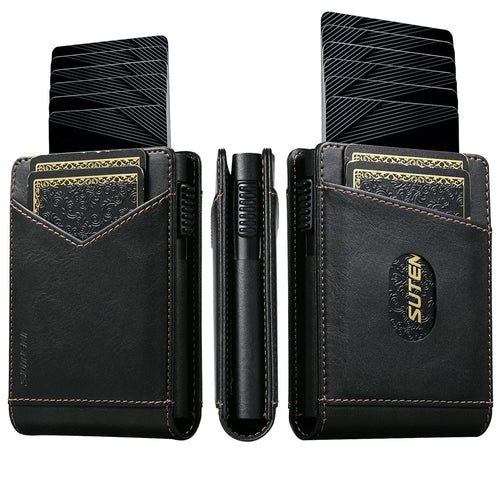 SUTENI KH8 Oil Wax Texture Leather Card Wallet Pop Up Card Holder RFID Blocking Card Case - Black - 1