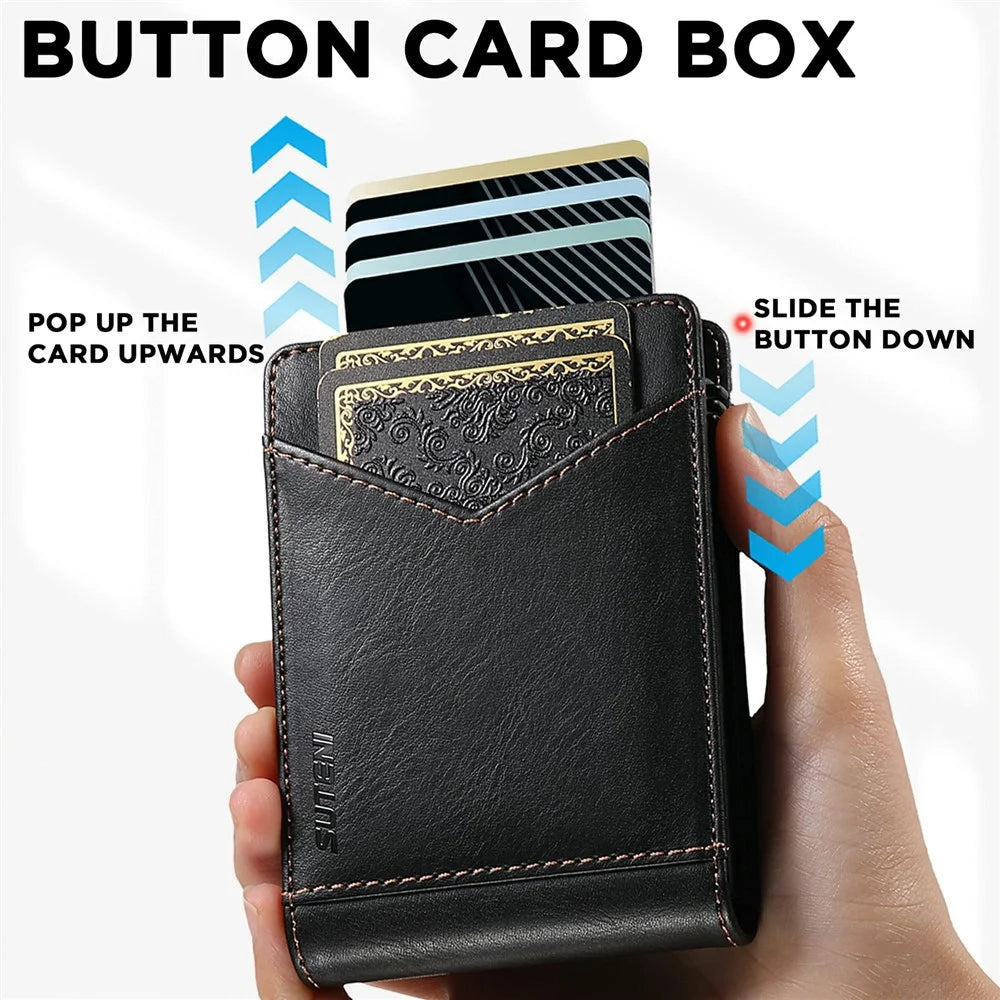 SUTENI KH8 Oil Wax Texture Leather Card Wallet Pop Up Card Holder RFID Blocking Card Case - Black - 3
