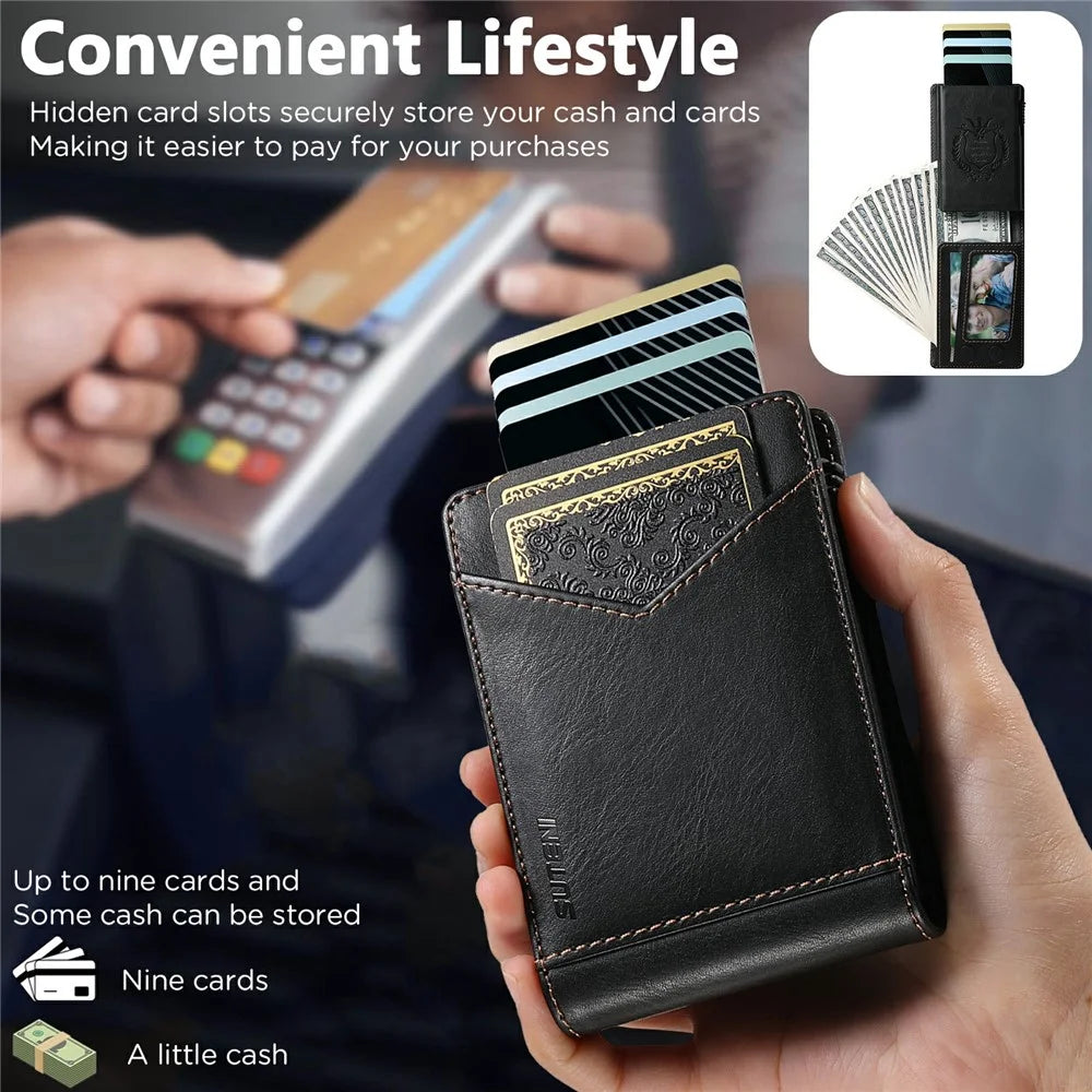 SUTENI KH8 Oil Wax Texture Leather Card Wallet Pop Up Card Holder RFID Blocking Card Case - Black - 5