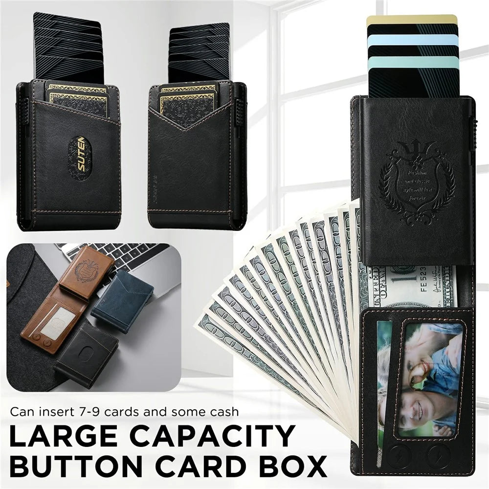 SUTENI KH8 Oil Wax Texture Leather Card Wallet Pop Up Card Holder RFID Blocking Card Case - Black - 6