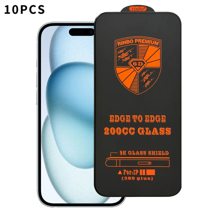 For iPhone 15 RINBO 10Pcs HD Full Coverage Tempered Glass 200CC Silk Printing Anti-static Screen Protector - Transparent - 1
