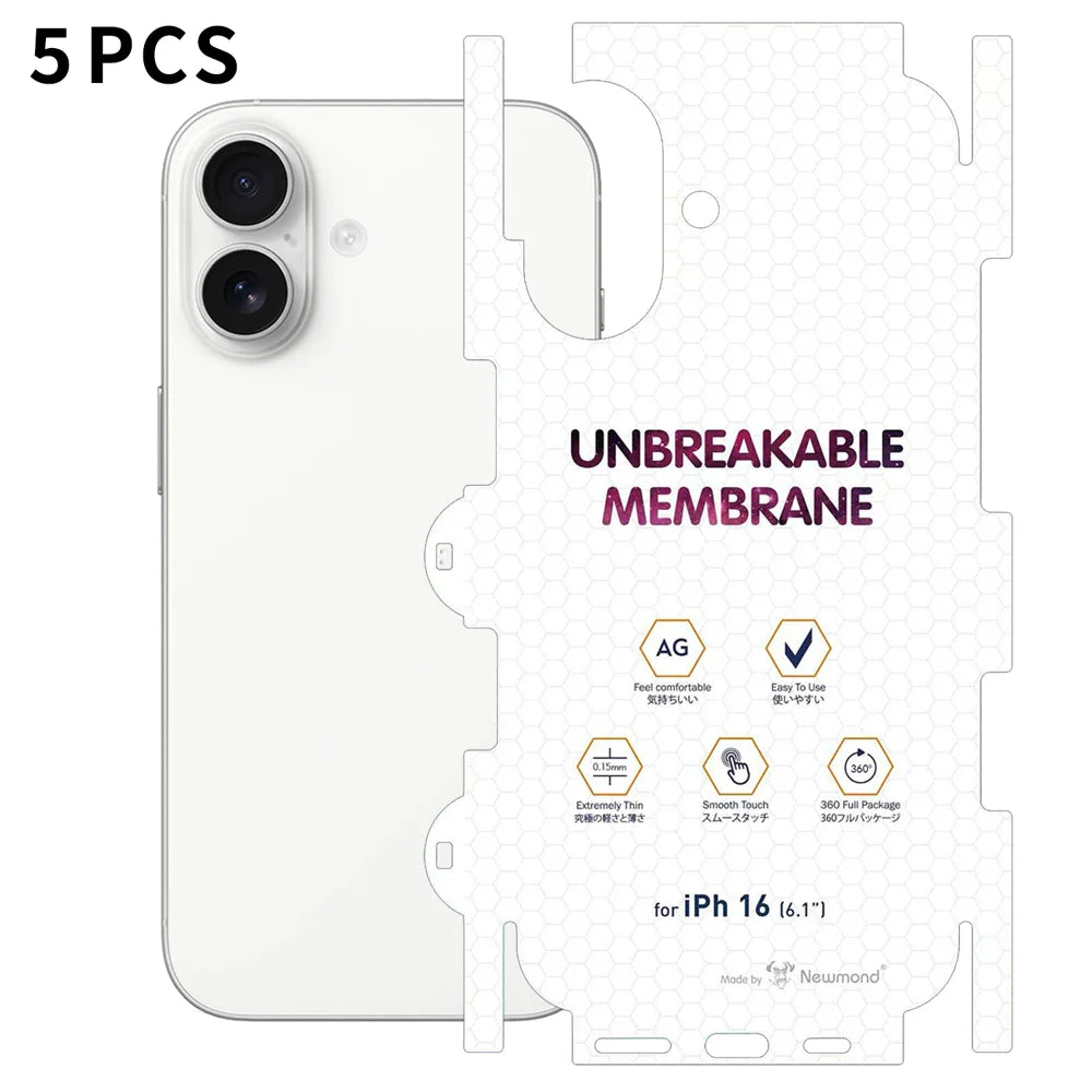 For iPhone 16 5Pcs Back Screen Protector Full Coverage Matte TPU Hydrogel Film - Transparent - 1