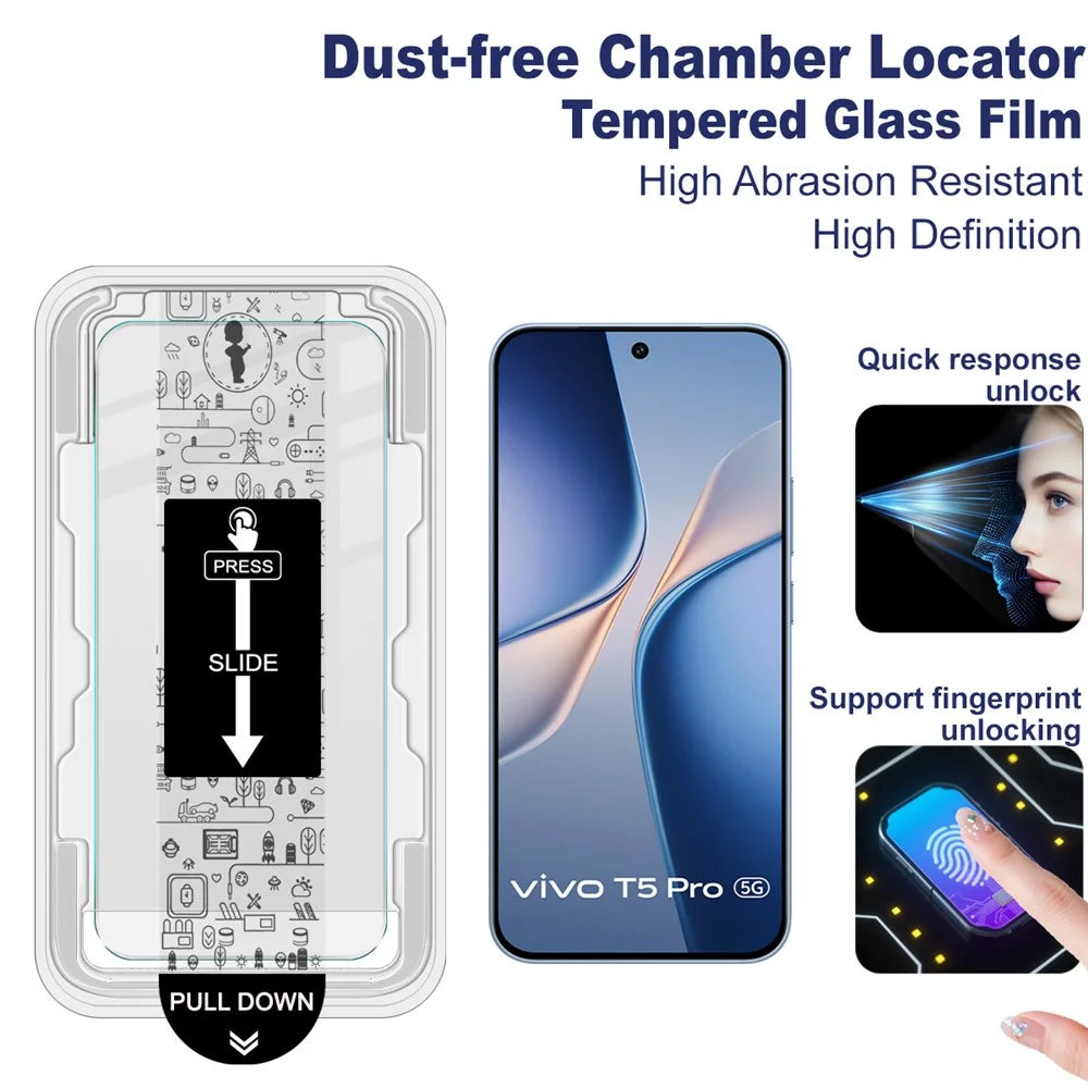 IMAK H Series For vivo T5 Pro 5G Tempered Glass Screen Protector Easy Installation Film with Auto Dust-Remove Tool - Transparent Kit (NOT Complete Covering) (Fingerprint Unlock) - 3