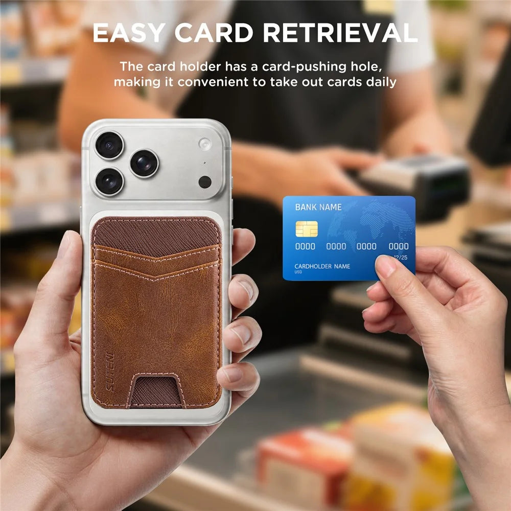 SUTENI S7 Phone Magnetic Card Holder RFID Blocking Cards Slot Ultra Thin Leather Wallet - Brown - 3