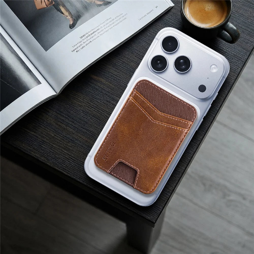 SUTENI S7 Phone Magnetic Card Holder RFID Blocking Cards Slot Ultra Thin Leather Wallet - Brown - 4