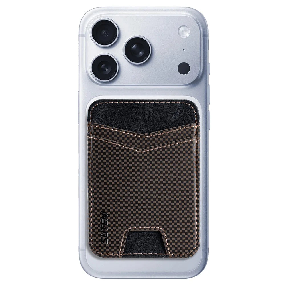SUTENI S8 Checkered Pattern Phone Magnetic Card Holder RFID Blocking Cards Slot Ultra Thin Wallet - Brown - 1