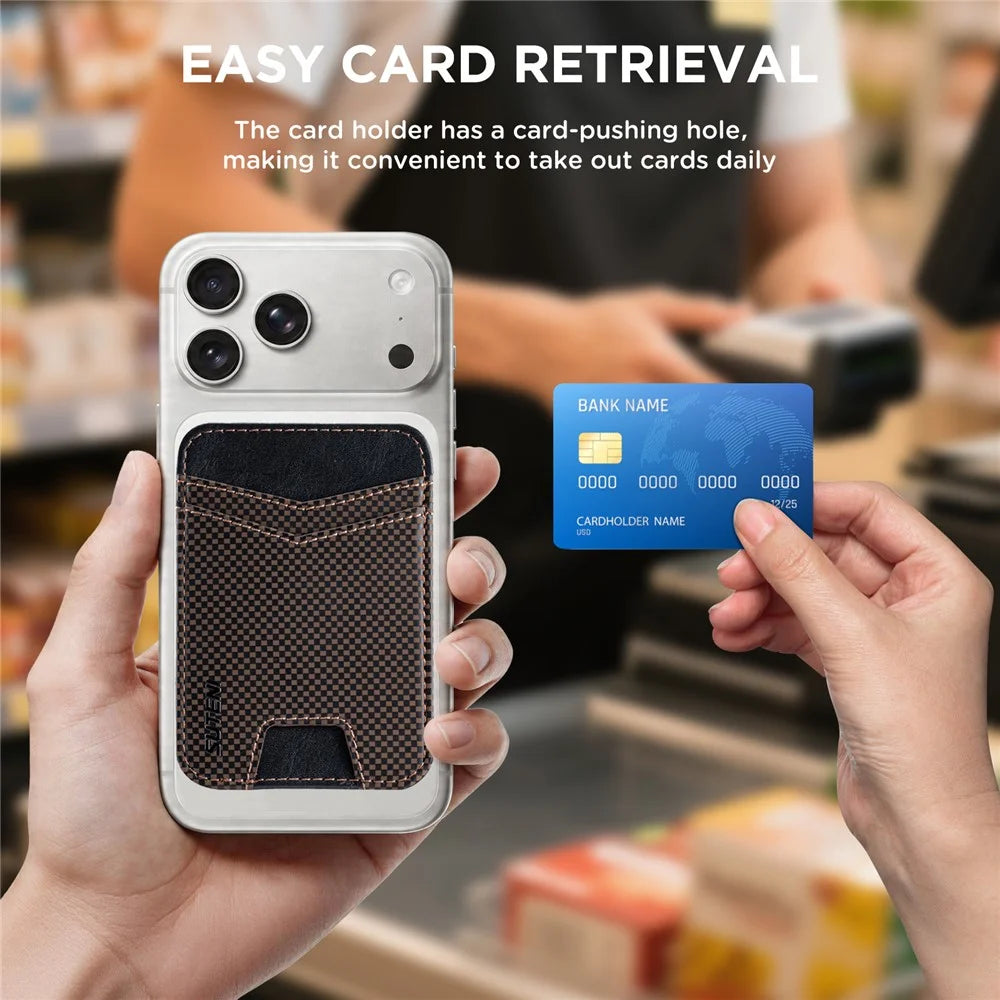 SUTENI S8 Checkered Pattern Phone Magnetic Card Holder RFID Blocking Cards Slot Ultra Thin Wallet - Brown - 3