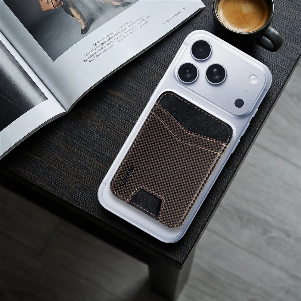 SUTENI S8 Checkered Pattern Phone Magnetic Card Holder RFID Blocking Cards Slot Ultra Thin Wallet - Brown - 4