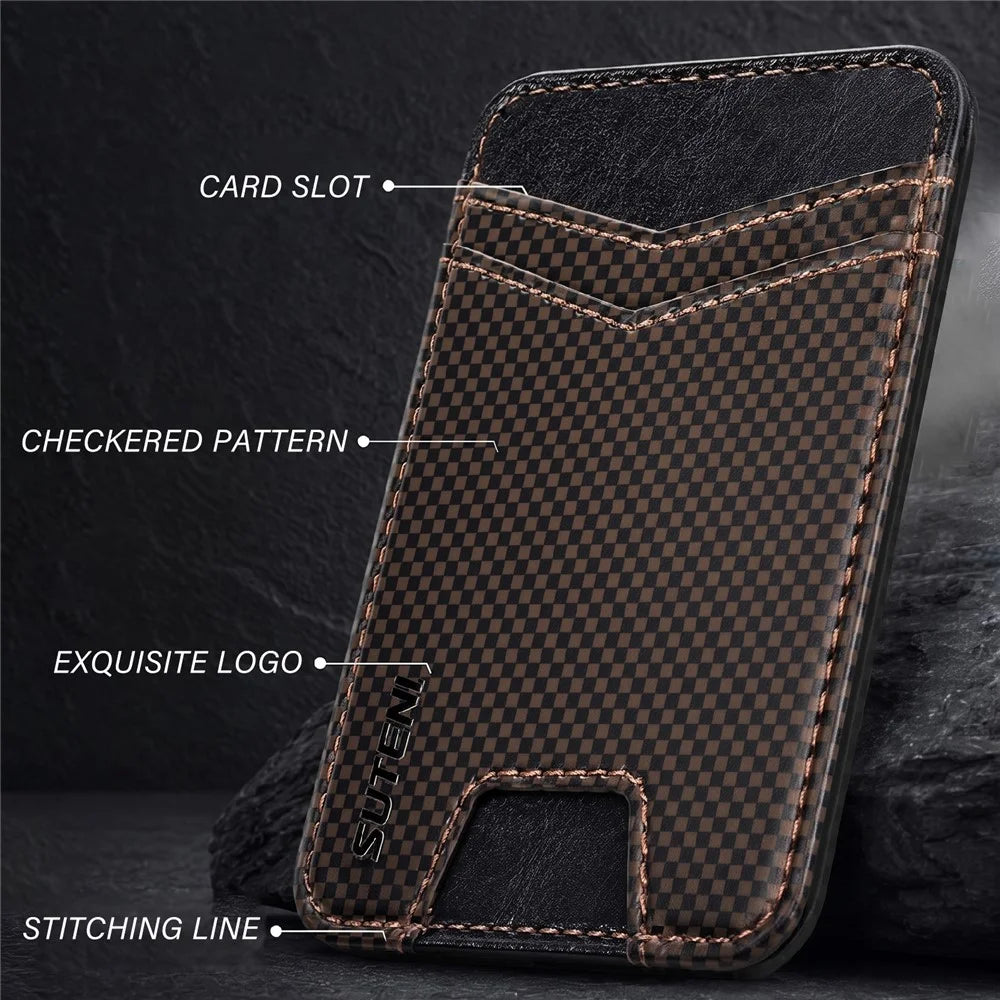 SUTENI S8 Checkered Pattern Phone Magnetic Card Holder RFID Blocking Cards Slot Ultra Thin Wallet - Brown - 5