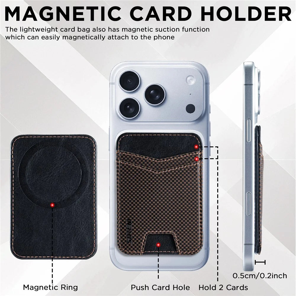 SUTENI S8 Checkered Pattern Phone Magnetic Card Holder RFID Blocking Cards Slot Ultra Thin Wallet - Brown - 6