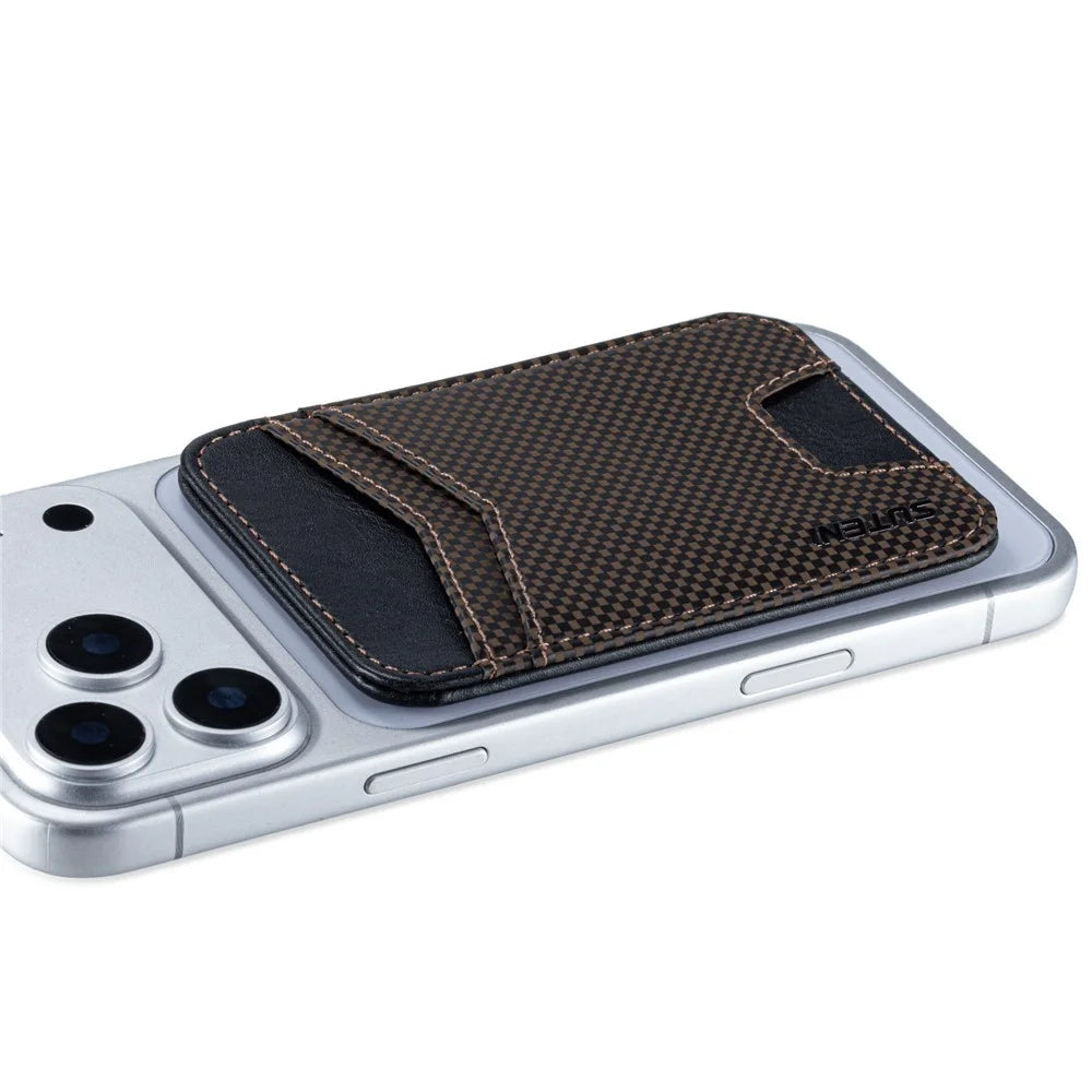 SUTENI S8 Checkered Pattern Phone Magnetic Card Holder RFID Blocking Cards Slot Ultra Thin Wallet - Brown - 7