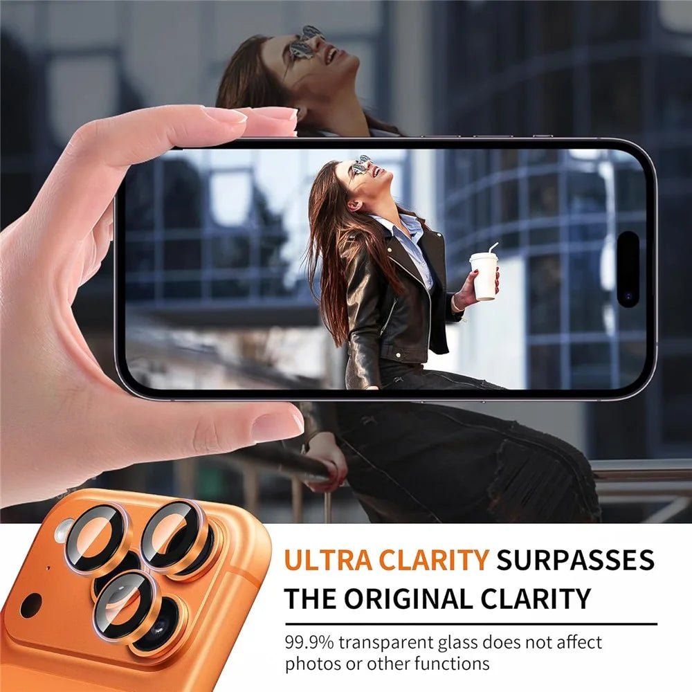 1Set For iPhone 17 Pro Camera Lens Film Tempered Glass CD Vein Metal Ring Rear Lens Protector - Orange - 3