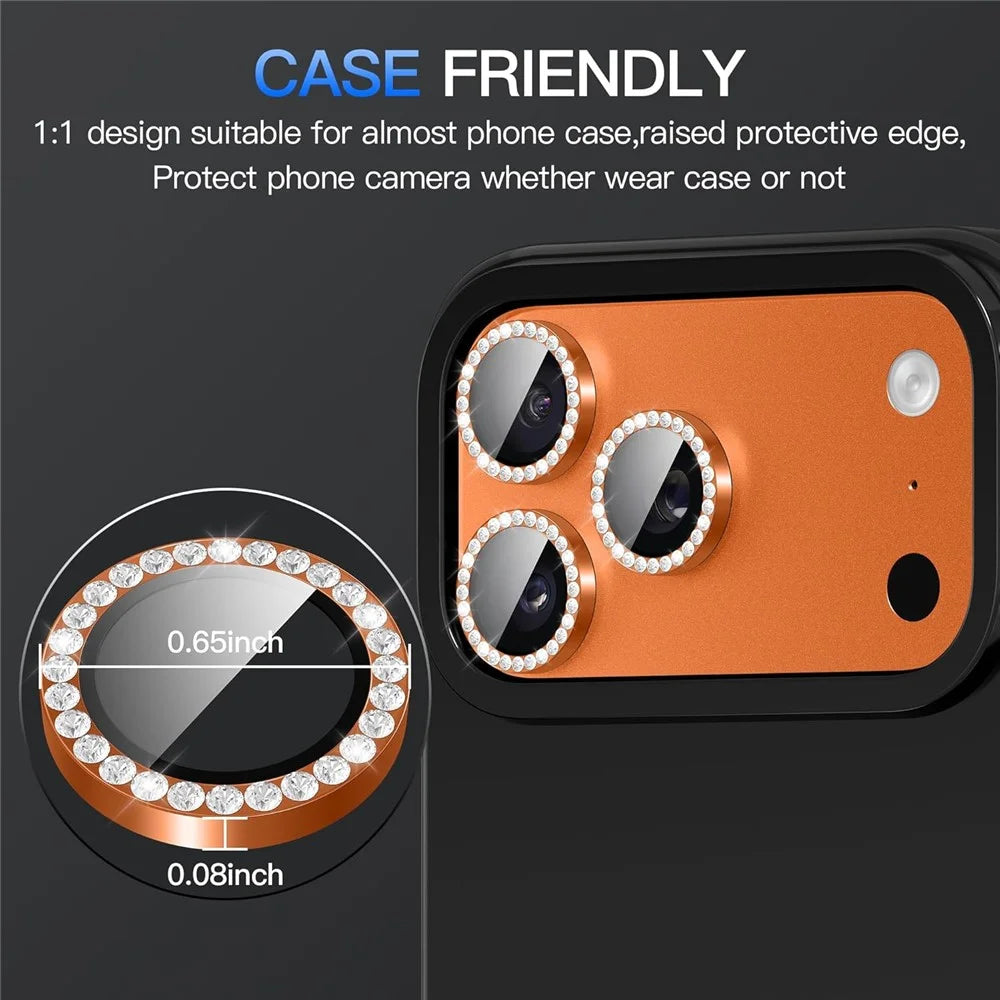1Set For iPhone 17 Pro Camera Lens Protector Tempered Glass+Metal Ring Rhinestone Lens Film - Orange - 2