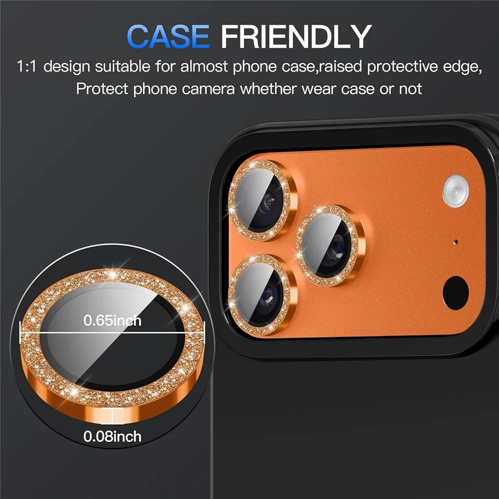 For iPhone 17 Pro Max Glitter Camera Lens Film Metal Ring+Tempered Glass Phone Lens Protector - Orange - 5
