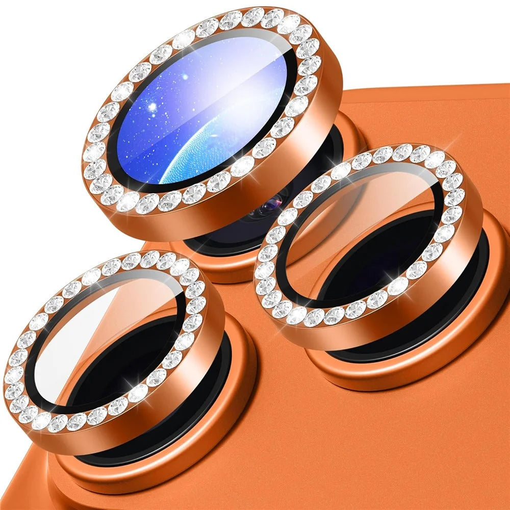 For iPhone 18 Pro 1Set Camera Lens Protector Tempered Glass+Metal Ring Rhinestone Lens Film - Orange - 1