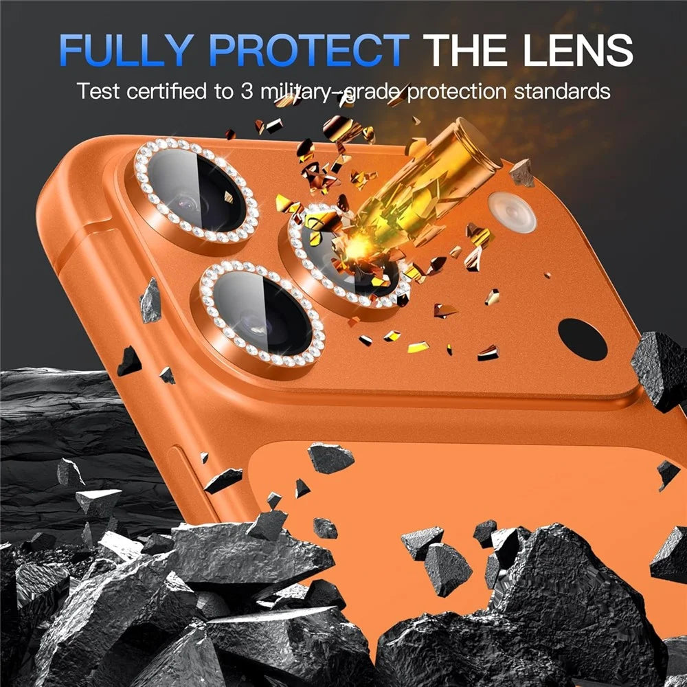 For iPhone 18 Pro 1Set Camera Lens Protector Tempered Glass+Metal Ring Rhinestone Lens Film - Orange - 3