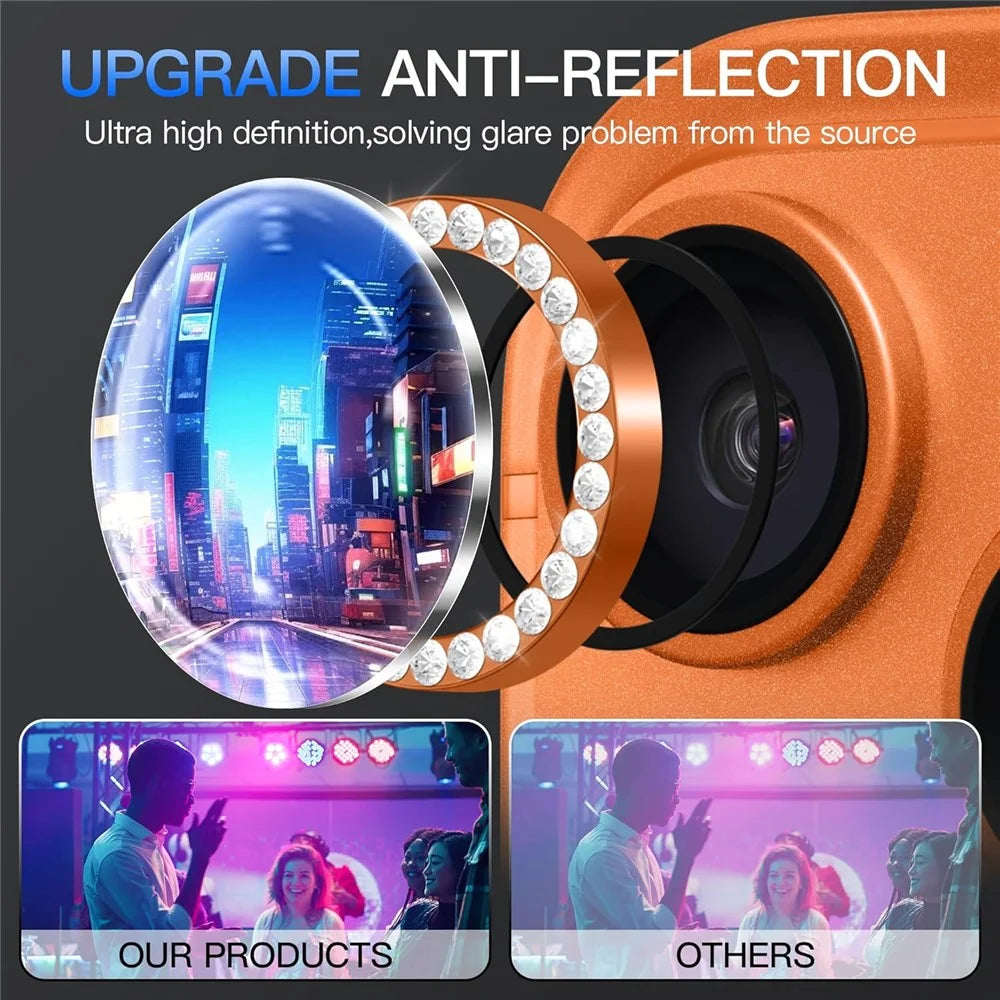 For iPhone 18 Pro 1Set Camera Lens Protector Tempered Glass+Metal Ring Rhinestone Lens Film - Orange - 5
