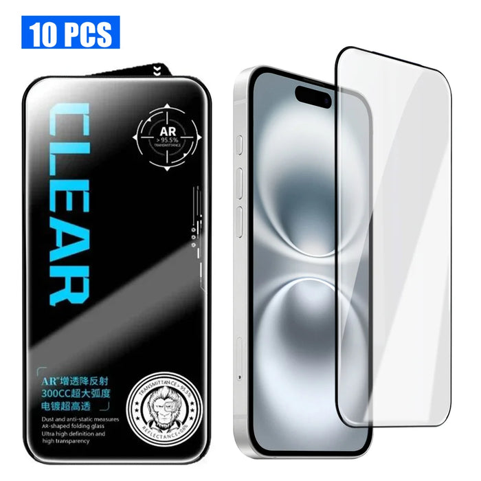 For iPhone 16 10Pcs Screen Protector AR Anti-Reflection High Aluminium-silicon Glass Silk Printing Clear Film - Transparent - 1