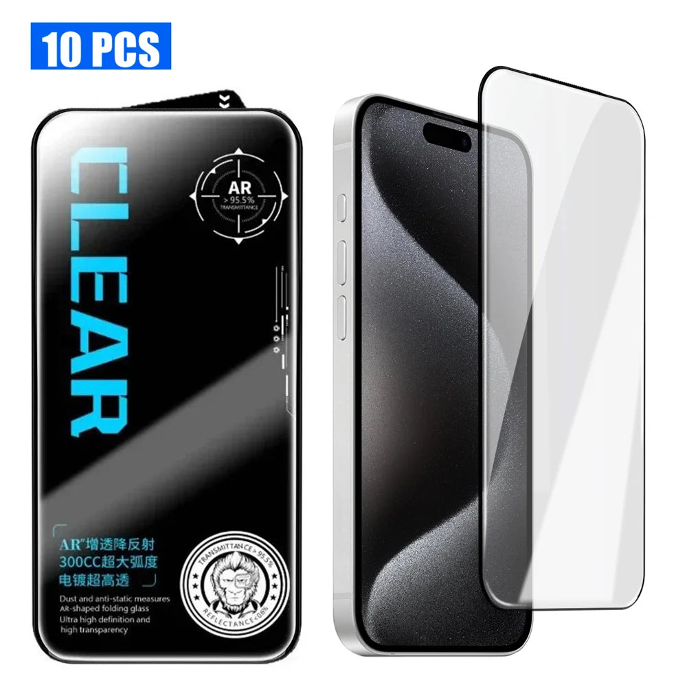 For iPhone 15 Pro Max 10Pcs Screen Protector AR Anti-Reflection High Aluminium-silicon Glass Silk Printing Clear Film - Transparent - 1
