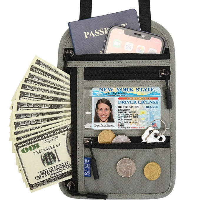 Multifunctional Halter Passport Bag RFID Blocking Crossbody Bag Ticket Document Protection Storage Pouch - Light Grey - 1
