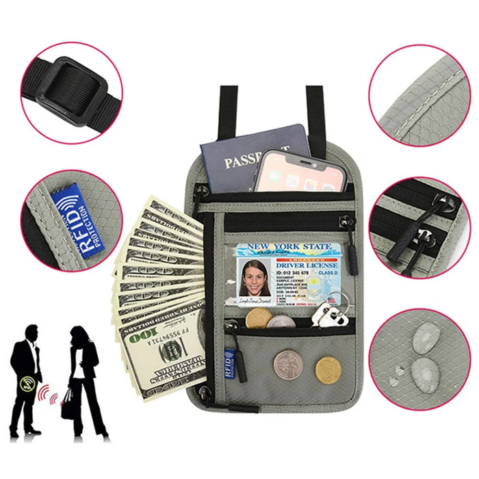 Multifunctional Halter Passport Bag RFID Blocking Crossbody Bag Ticket Document Protection Storage Pouch - Light Grey - 2