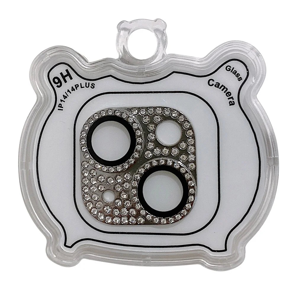 MKADI For iPhone 14 Plus / 14 Rhinestone Decor Camera Lens Protector Metal+Tempered Glass Anti-scratch Film - Silver - 1