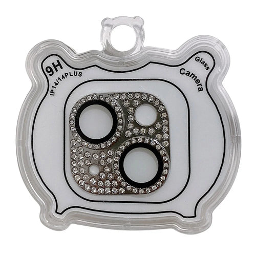 MKADI For iPhone 14 Plus / 14 Rhinestone Decor Camera Lens Protector Metal+Tempered Glass Anti-scratch Film - Silver - 1