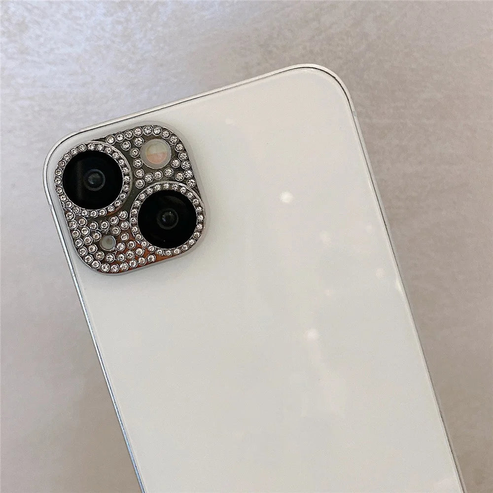 MKADI For iPhone 14 Plus / 14 Rhinestone Decor Camera Lens Protector Metal+Tempered Glass Anti-scratch Film - Silver - 2