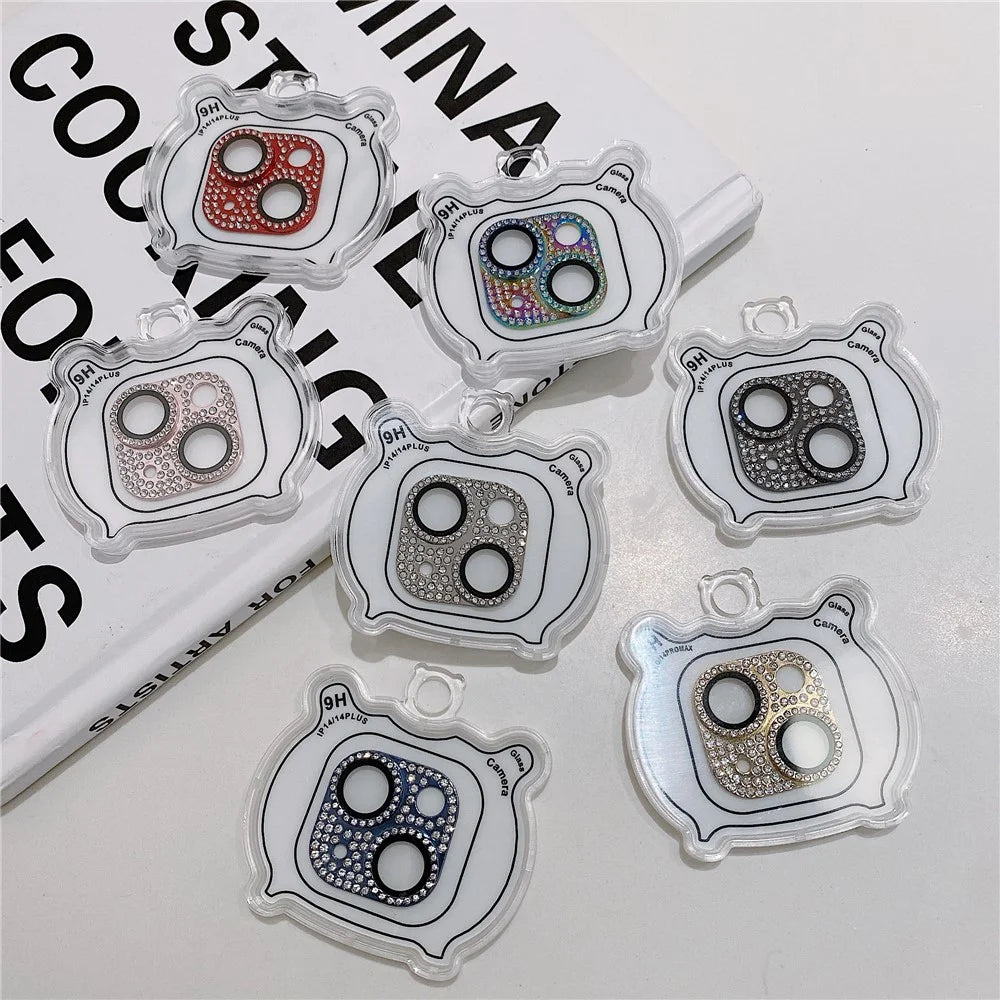 MKADI For iPhone 14 Plus / 14 Rhinestone Decor Camera Lens Protector Metal+Tempered Glass Anti-scratch Film - Silver - 3