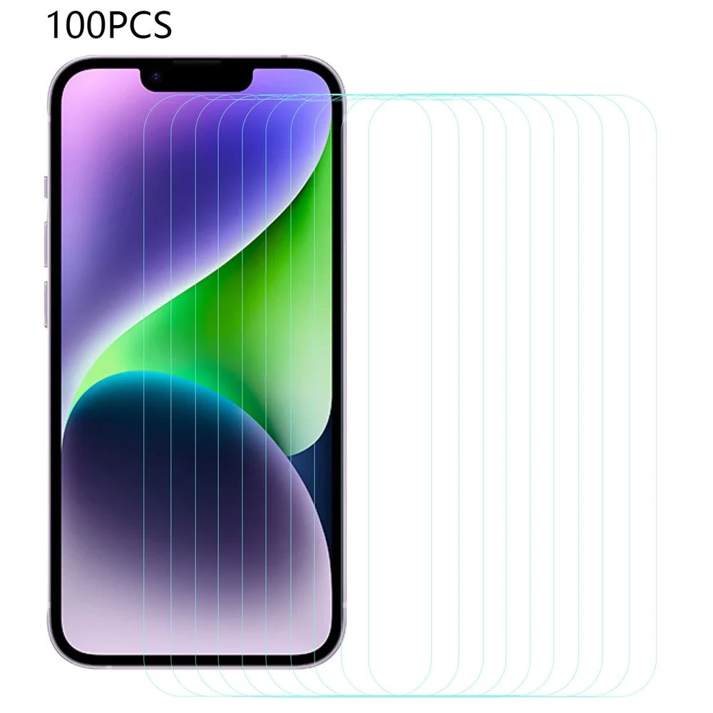 100Pcs Tempered Glass Film for iPhone 14 Plus / 13 Pro Max , Arc Edge HD Clear Cell Phone Screen Protector (No Package, with Wipes Set, Dust-absorber, Guide Sticker) - 1