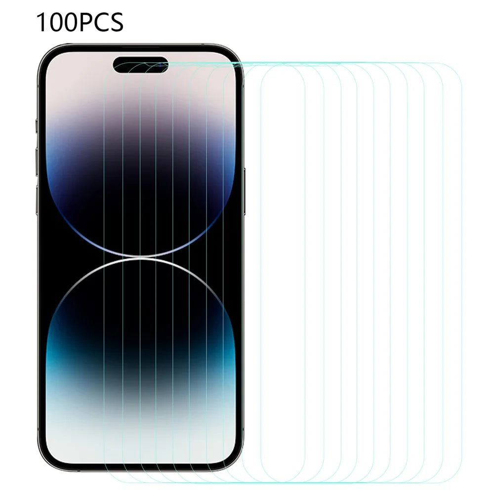 100Pcs For iPhone 14 Pro Anti-Explosion Film HD Clear Arc Edge Tempered Glass Screen Protector (No Package, with Wipes Set, Dust-absorber, Guide Sticker) - 1