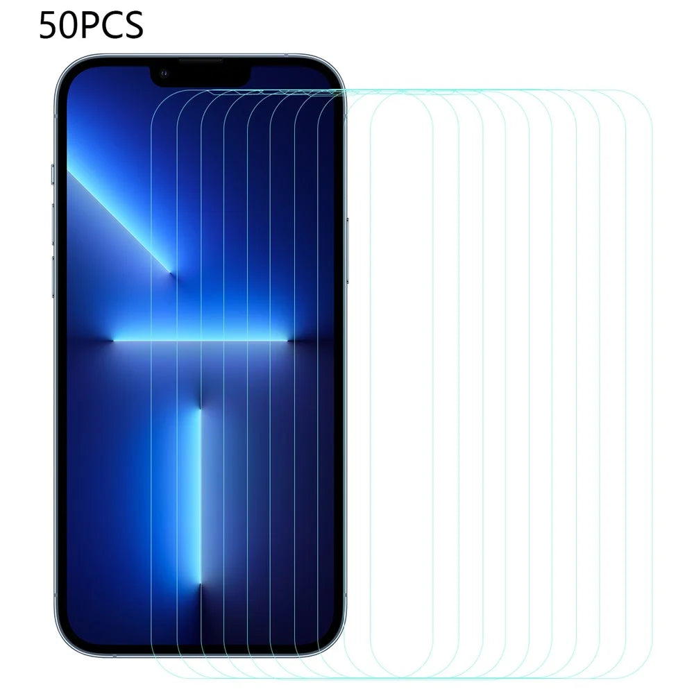50Pcs For iPhone 13 Pro Max 6.7 inch Arc Edge Tempered Glass Screen Protector Anti-Explosion Clear Film (No Package, with Wipes Set, Dust-absorber, Guide Sticker) - 1