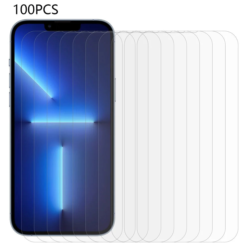 100Pcs For iPhone 13 Pro / 13 / 14 Screen Film Arc Edge Clear Tempered Glass Screen Protector (No Package, with Wipes Set, Dust-absorber, Guide Sticker) - 1