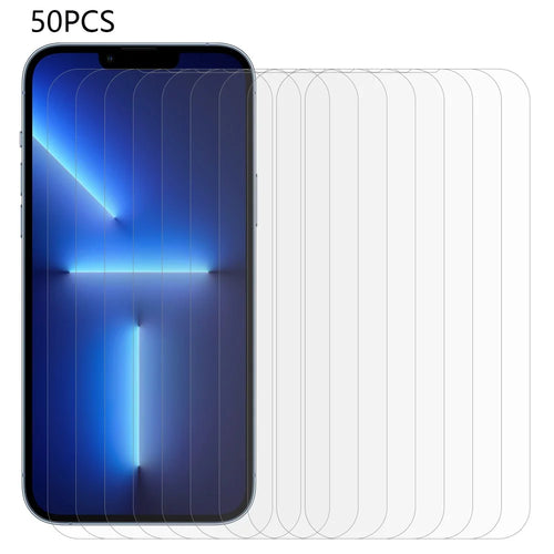 50Pcs For iPhone 13 Pro 6.1 inch / 13 6.1 inch / 14 Arc Edge Clear Tempered Glass Screen Protector HD Anti-Scratch Screen Film (No Package, with Wipes Set, Dust-absorber, Guide Sticker) - 1