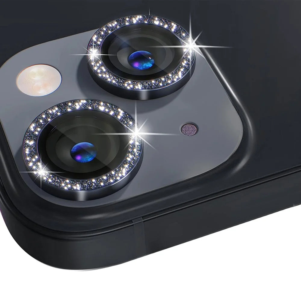 NORTHJO 1 Set For iPhone 14 / 14 Plus Glitter Camera Lens Protector Tempered Glass + Metal Individual Ring Cover Film - Black - 1