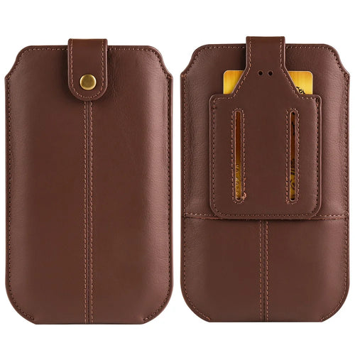 Genuine Cow Leather Belt Case for Universal 6.1-inch Phone Card Holder Cell Phone Holster Pouch with Belt Clip - Coffee - 1