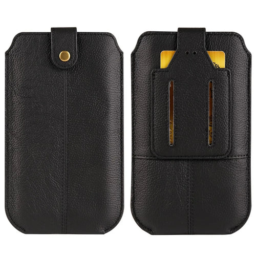 Genuine Cow Leather Cell Phone Case for 6.7-inch Phone ID Card Belt Holder Pouch Cover - Black - 1