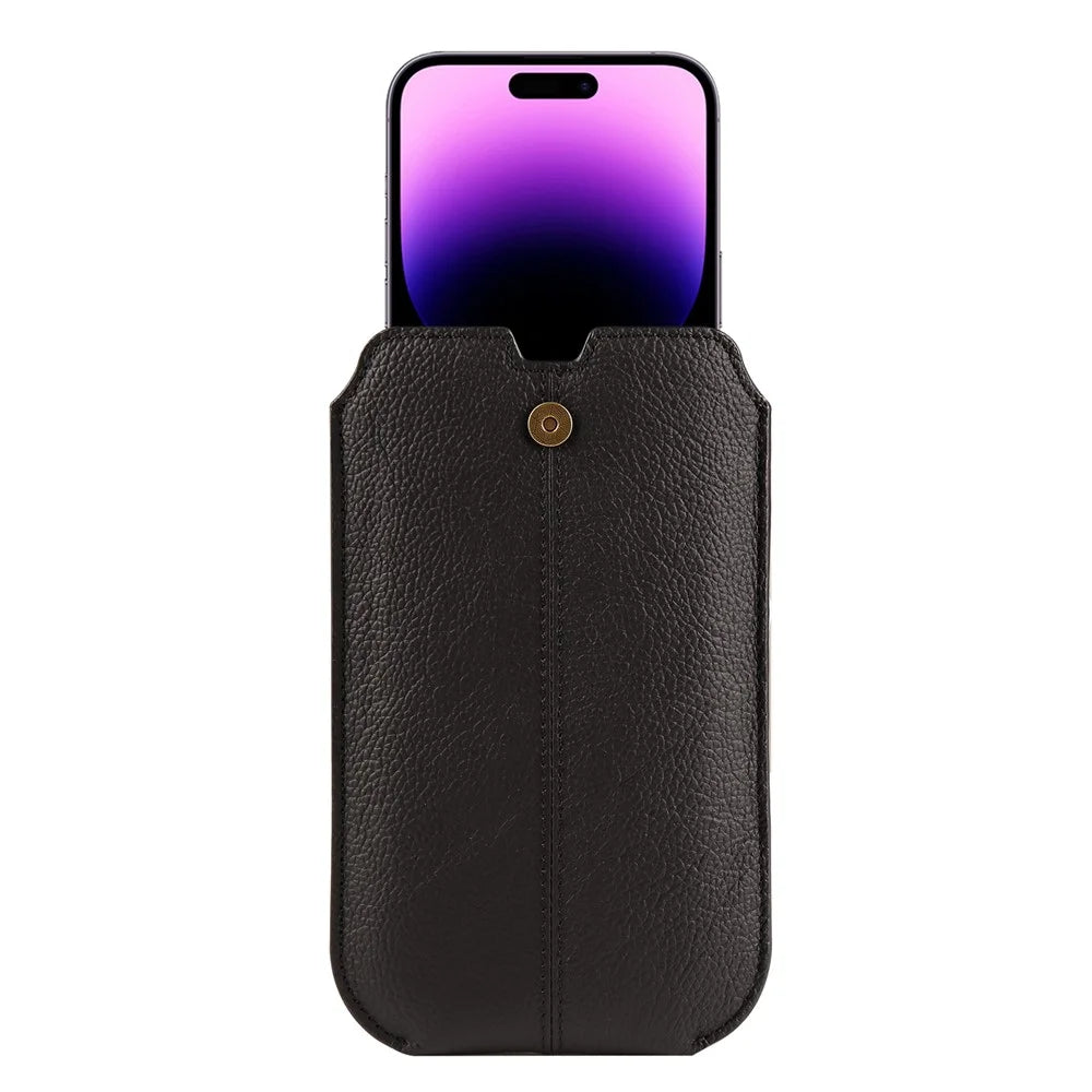 Genuine Cow Leather Cell Phone Case for 6.7-inch Phone ID Card Belt Holder Pouch Cover - Black - 5