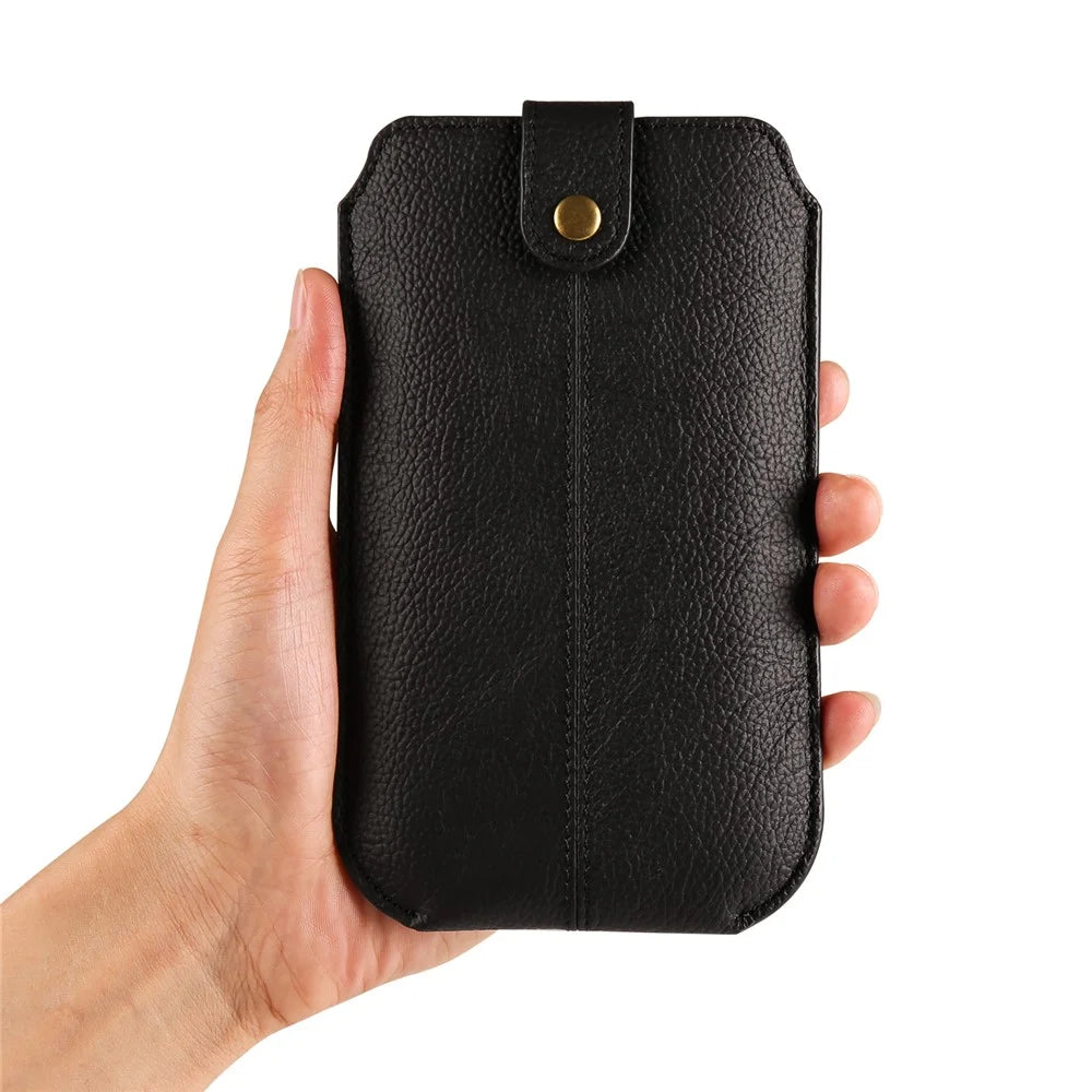 Genuine Cow Leather Cell Phone Case for 6.7-inch Phone ID Card Belt Holder Pouch Cover - Black - 6