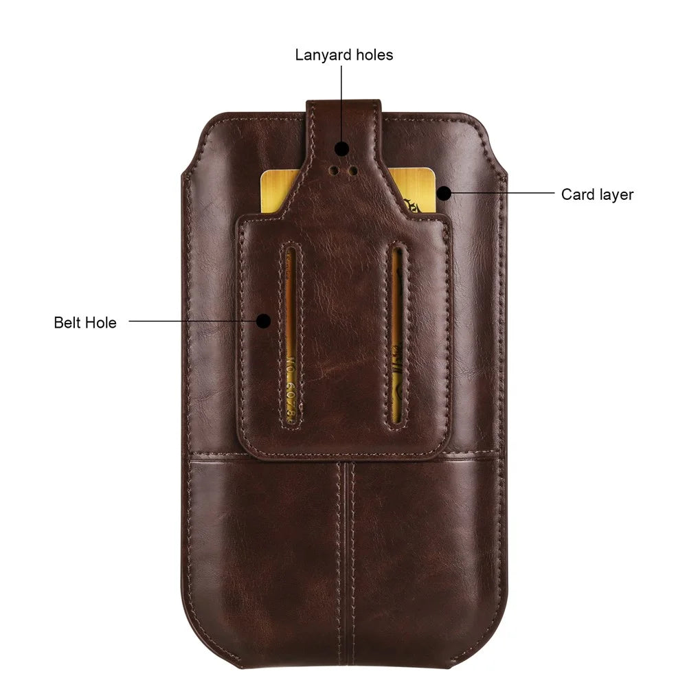 Crazy Horse Texture PU Leather Phone Belt Pouch for Cell Phones Universal Waist Phone Holster Bag with Card Layer - 6.1" / Dark Coffee - 4