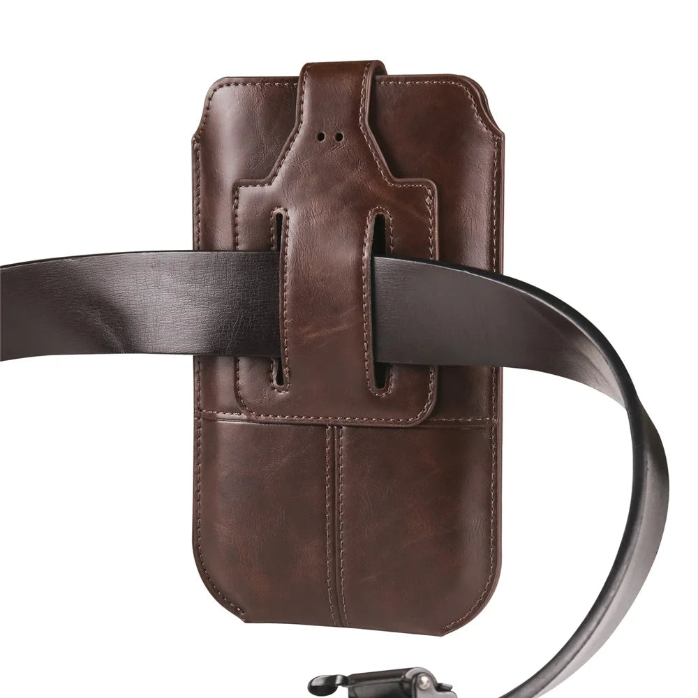 Crazy Horse Texture PU Leather Phone Belt Pouch for Cell Phones Universal Waist Phone Holster Bag with Card Layer - 6.1" / Dark Coffee - 6