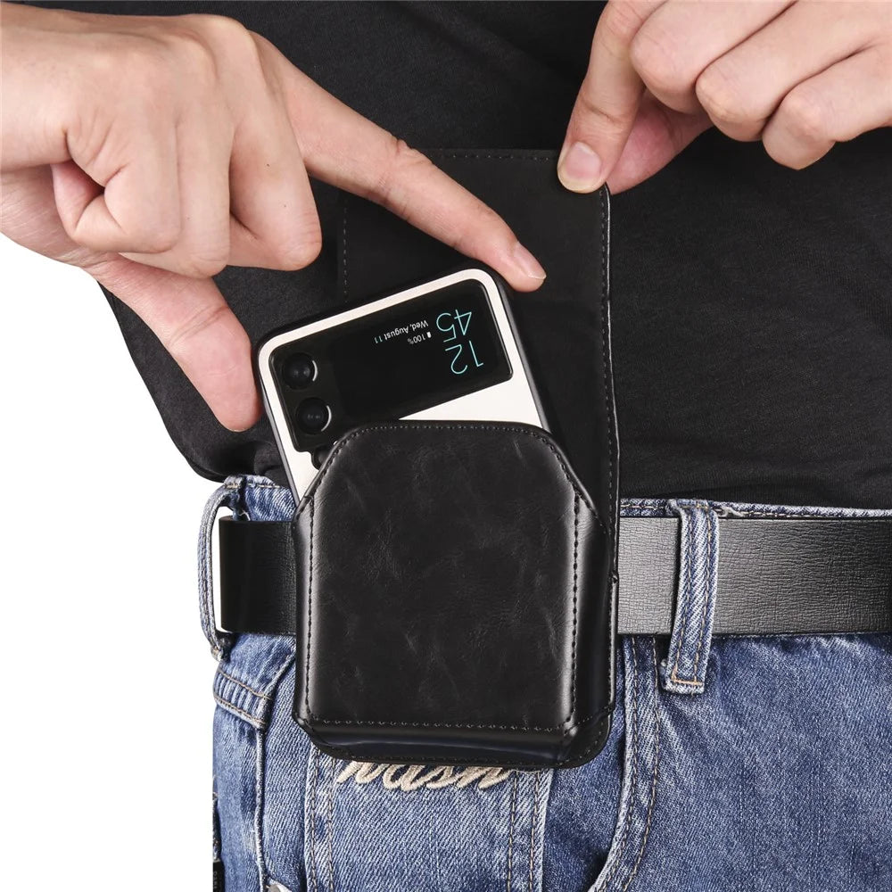 For Samsung Galaxy Z Flip3 5G / Z Flip4 5G / Z Flip5 5G Crazy Horse PU Leather Phone Belt Bag Wasit Phone Holster Pouch - Black - 3