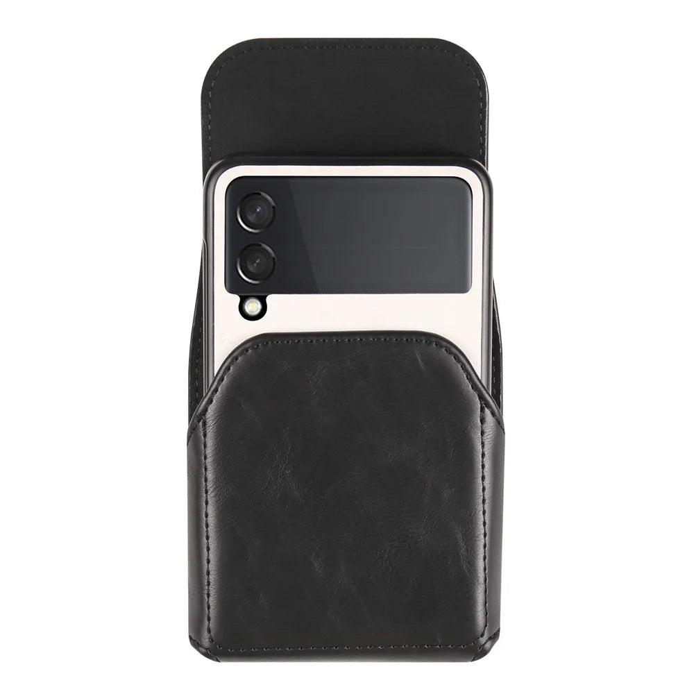 For Samsung Galaxy Z Flip3 5G / Z Flip4 5G / Z Flip5 5G Crazy Horse PU Leather Phone Belt Bag Wasit Phone Holster Pouch - Black - 5
