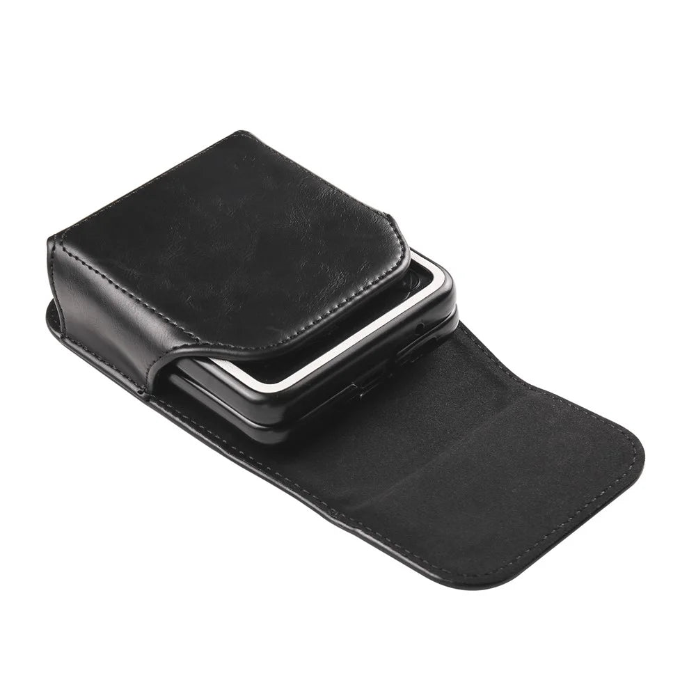 For Samsung Galaxy Z Flip3 5G / Z Flip4 5G / Z Flip5 5G Crazy Horse PU Leather Phone Belt Bag Wasit Phone Holster Pouch - Black - 6