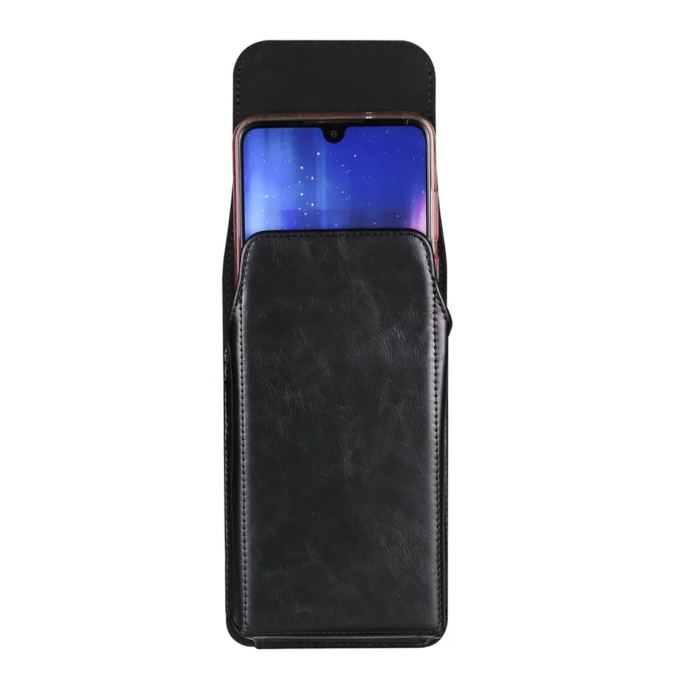 Crazy Horse Texture PU Leather Wasit Phone Pouch for 6.7" Mobile Phone Belt Bag with Back Clip - Black - 6