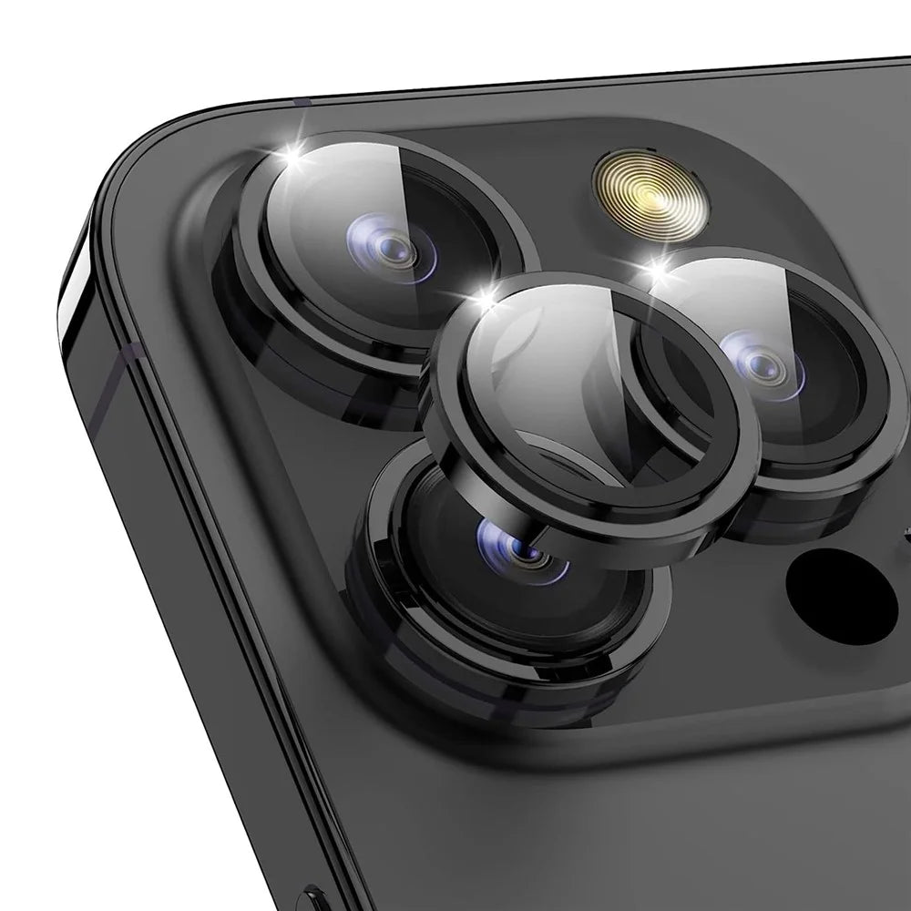 For iPhone 15 Pro / 15 Pro Max Camera Lens Protector Set CD Vein Metal Individual Ring Tempered Glass Lens Film - Black - 1